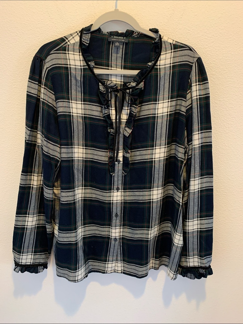 Tommy Hilfiger Green Blue Green and White Plaid Ruffle Tie-Neck Blouse​​